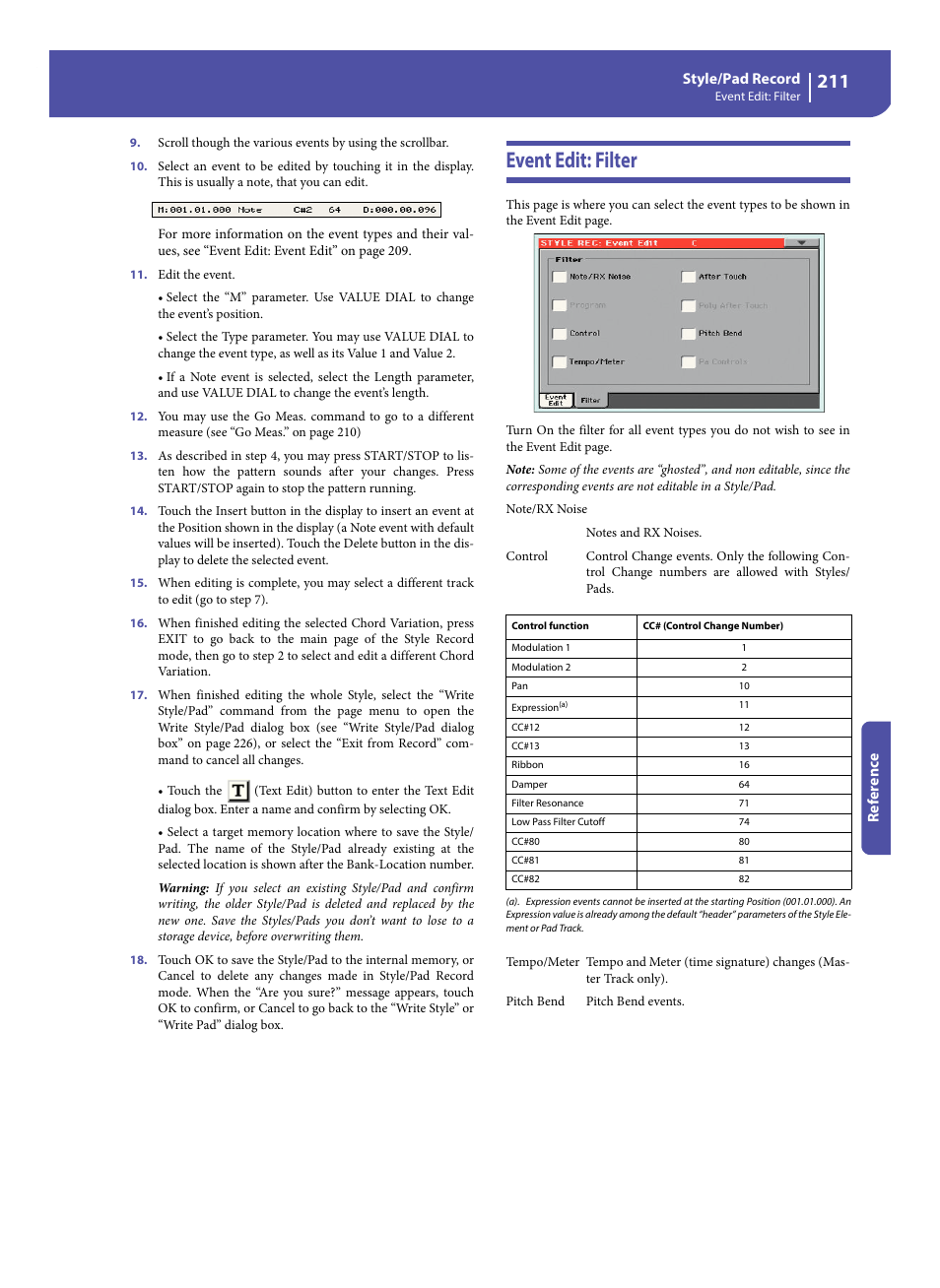 Event edit: filter | KORG Pa300 Arranger User Manual | Page 215 / 378