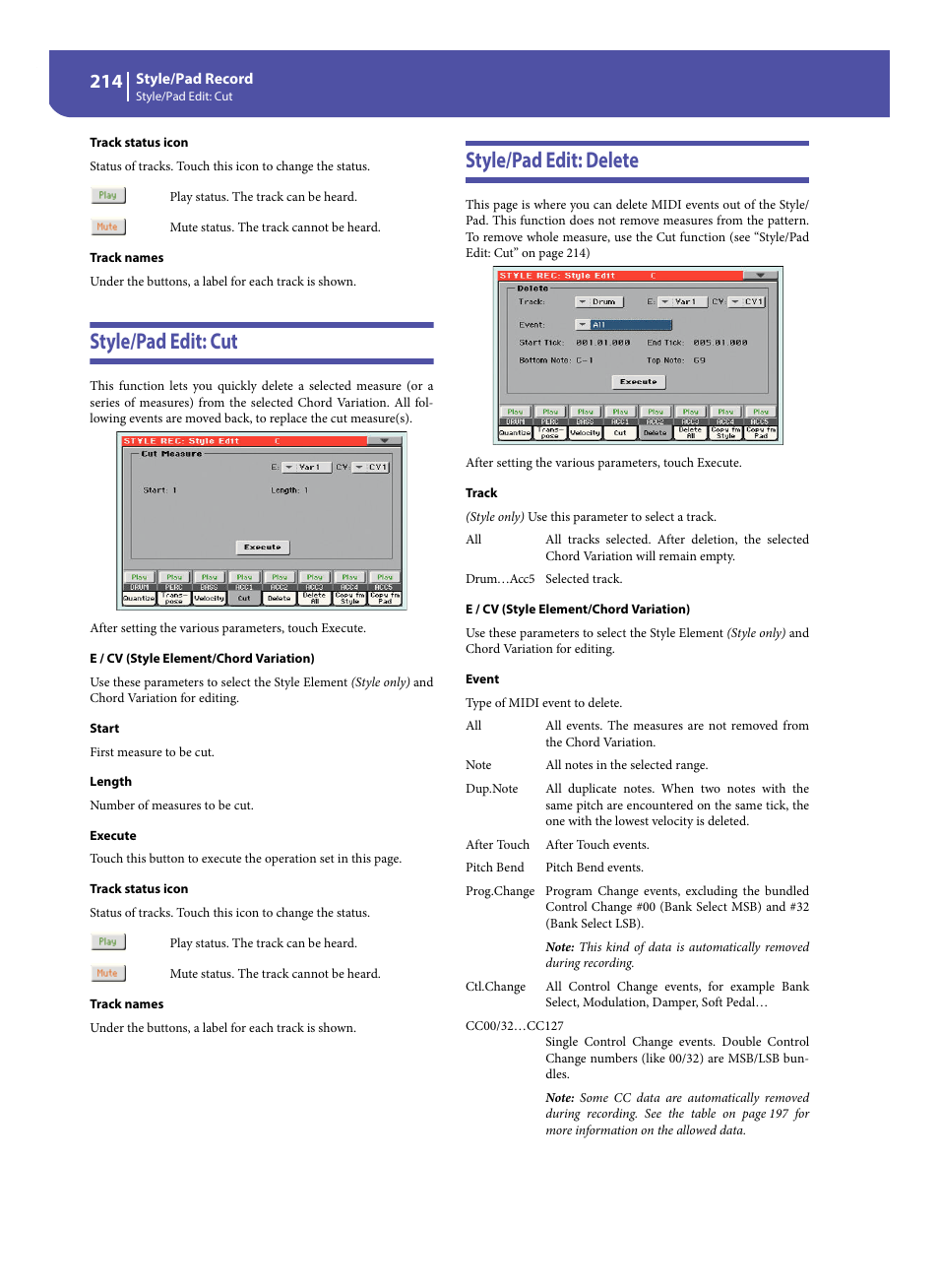 Style/pad edit: cut, Style/pad edit: delete, Style/pad edit: cut style/pad edit: delete | KORG Pa300 Arranger User Manual | Page 218 / 378