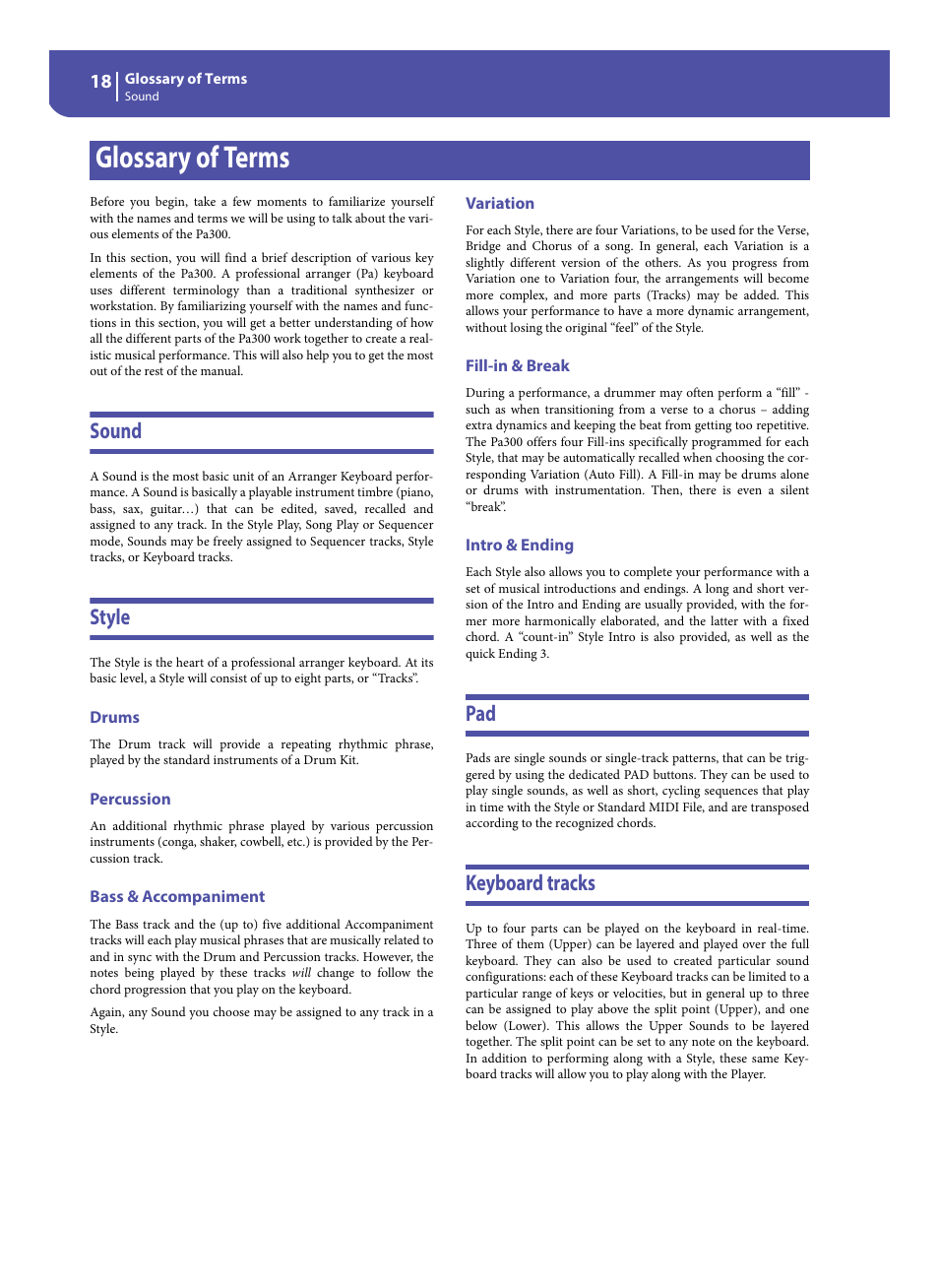 Glossary of terms, Sound, Style | Drums, Percussion, Bass & accompaniment, Variation, Fill-in & break, Intro & ending, Keyboard tracks | KORG Pa300 Arranger User Manual | Page 22 / 378