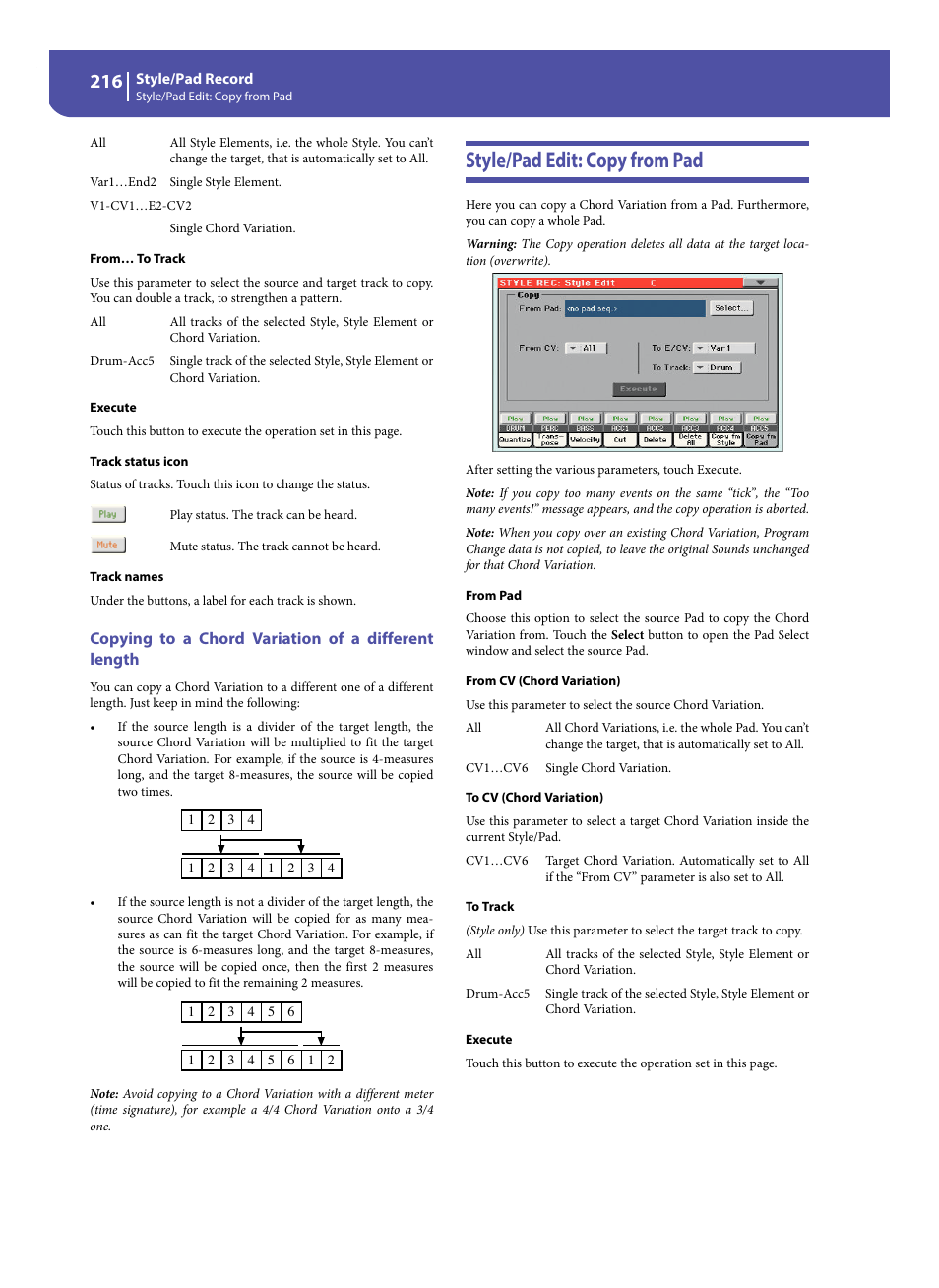 Copying to a chord variation of a different length, Style/pad edit: copy from pad | KORG Pa300 Arranger User Manual | Page 220 / 378