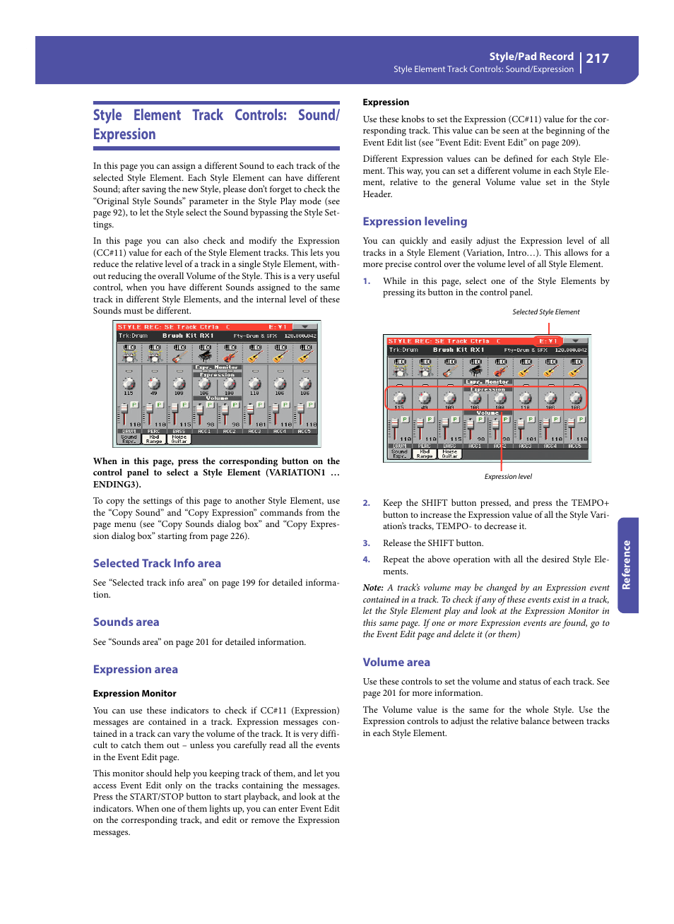 Style element track controls: sound/ expression, Selected track info area, Sounds area | Expression area, Expression leveling, Volume area, Style element track controls: sound/expression | KORG Pa300 Arranger User Manual | Page 221 / 378