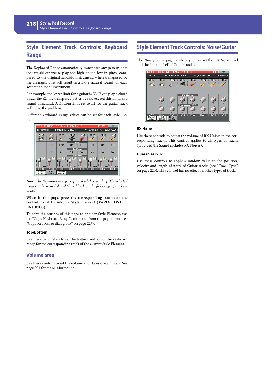 Style element track controls: keyboard range, Volume area, Style element track controls: noise/guitar | KORG Pa300 Arranger User Manual | Page 222 / 378