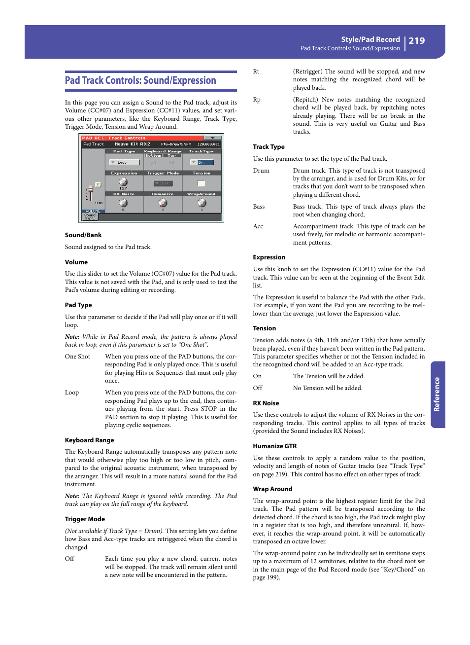 Pad track controls: sound/expression | KORG Pa300 Arranger User Manual | Page 223 / 378
