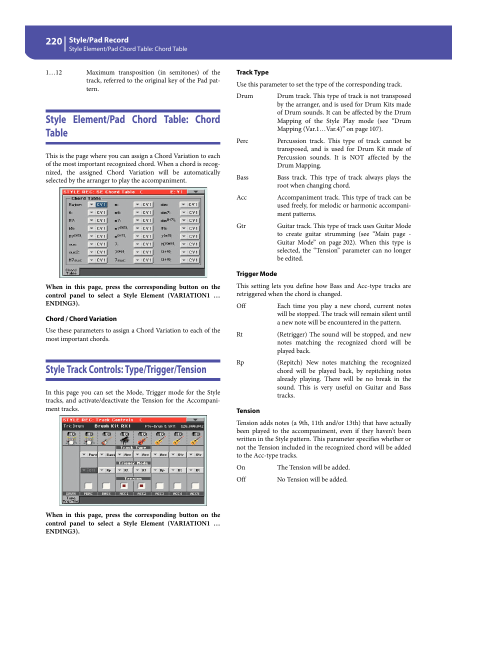 Style element/pad chord table: chord table, Style track controls: type/trigger/tension | KORG Pa300 Arranger User Manual | Page 224 / 378