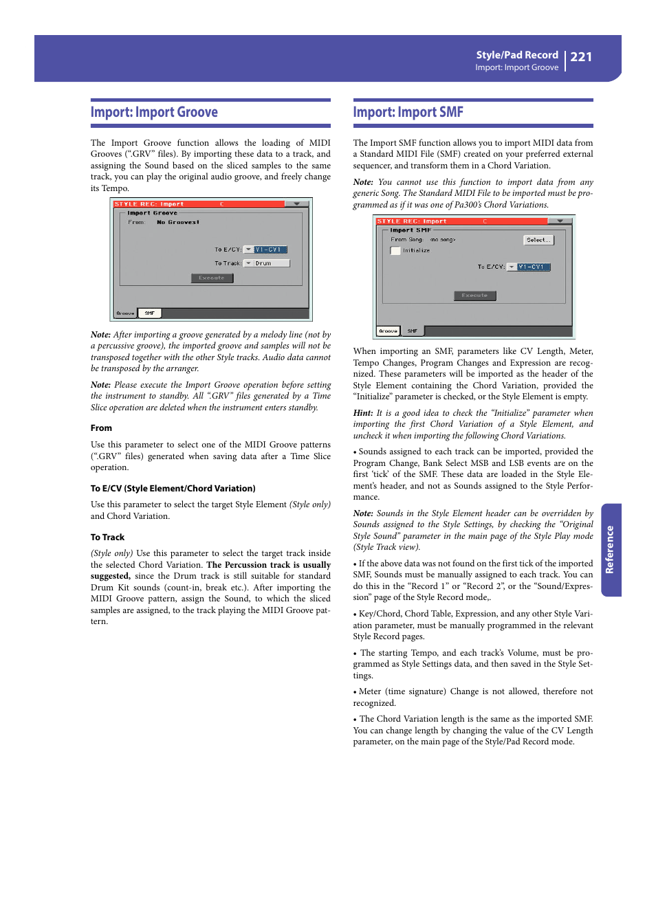 Import: import groove, Import: import smf, Import: import groove import: import smf | KORG Pa300 Arranger User Manual | Page 225 / 378
