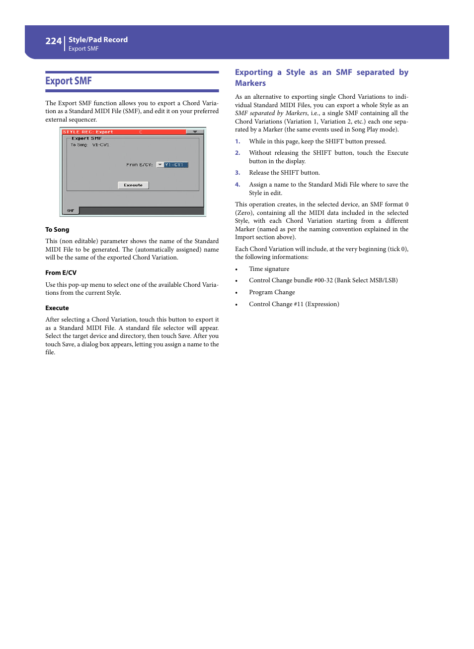 Export smf, Exporting a style as an smf separated by markers | KORG Pa300 Arranger User Manual | Page 228 / 378