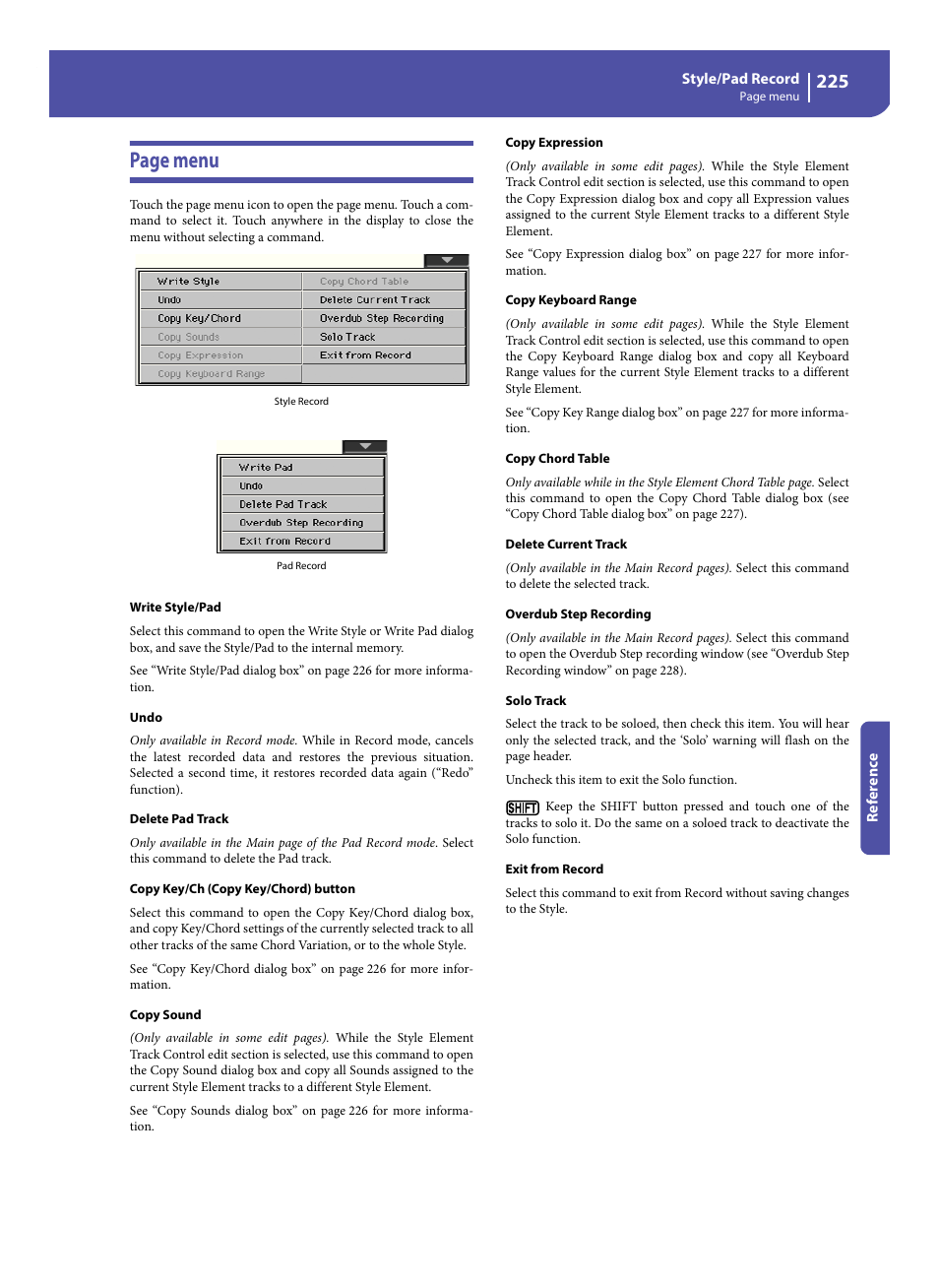 Write style/pad, E “overdub step recording, Exit from record | E “write style/pad, The “exit from record, Copy sound” an, Copy expression” c, E “copy keyboard range” co, Page menu | KORG Pa300 Arranger User Manual | Page 229 / 378