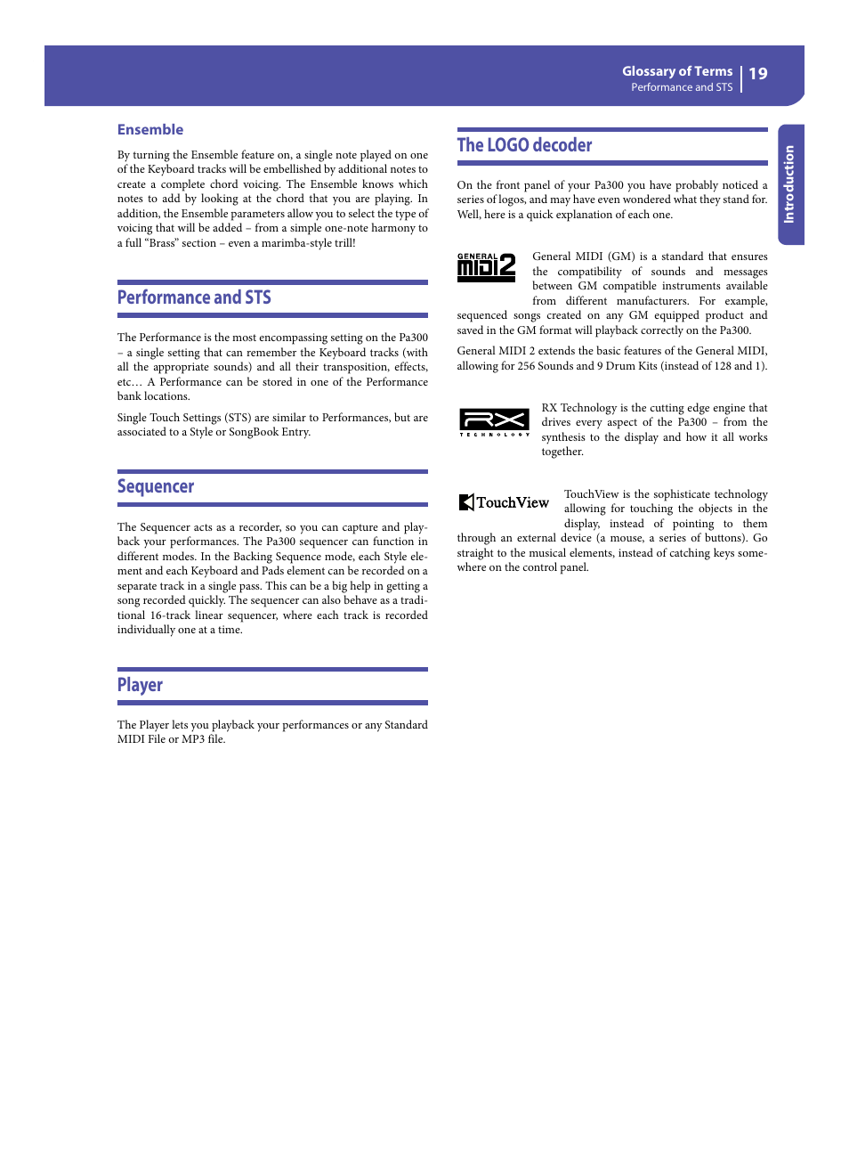 Ensemble, Performance and sts, Sequencer | Player, The logo decoder | KORG Pa300 Arranger User Manual | Page 23 / 378