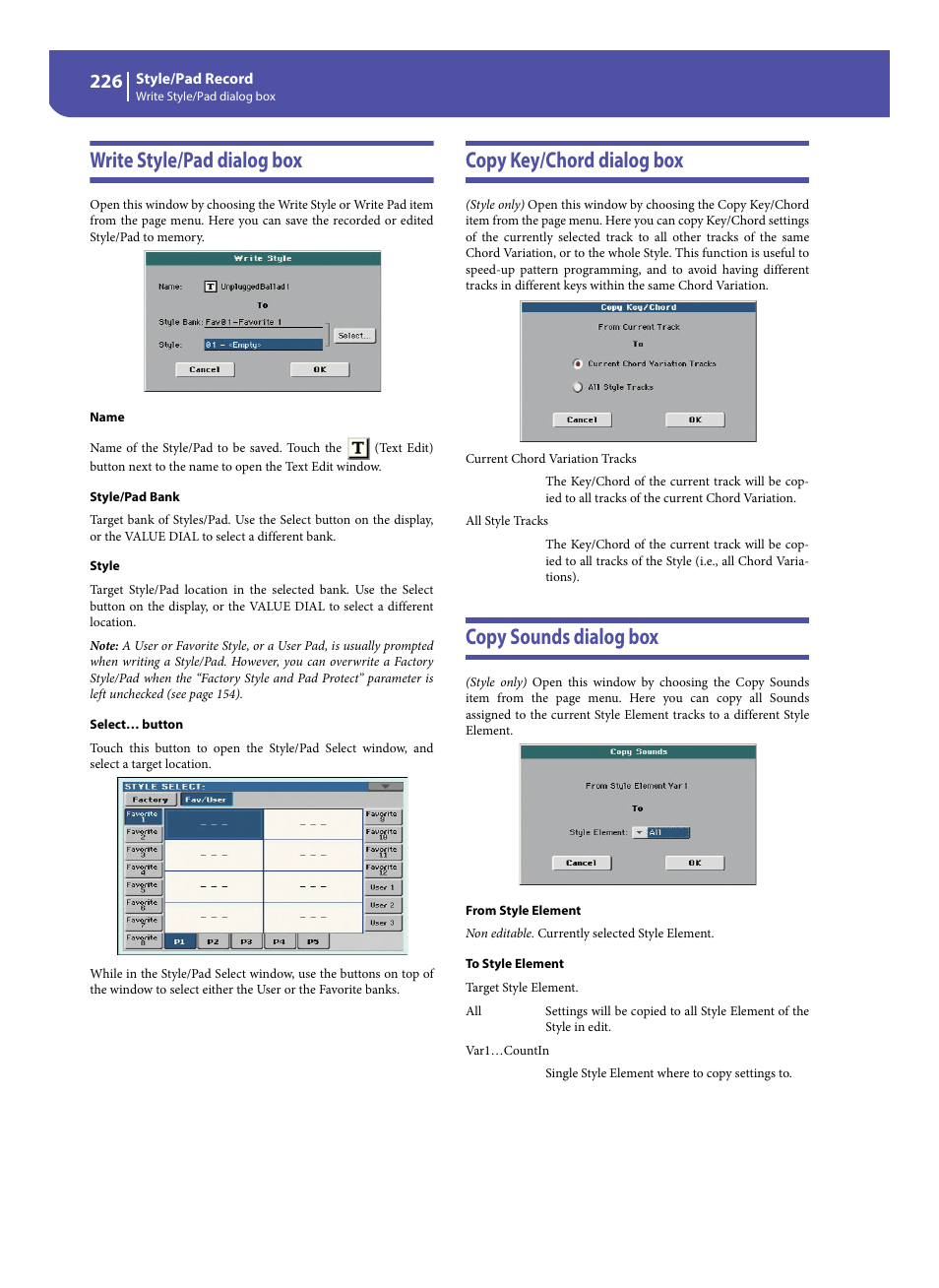 Write style/pad dialog box, Copy key/chord dialog box, Copy sounds dialog box | KORG Pa300 Arranger User Manual | Page 230 / 378