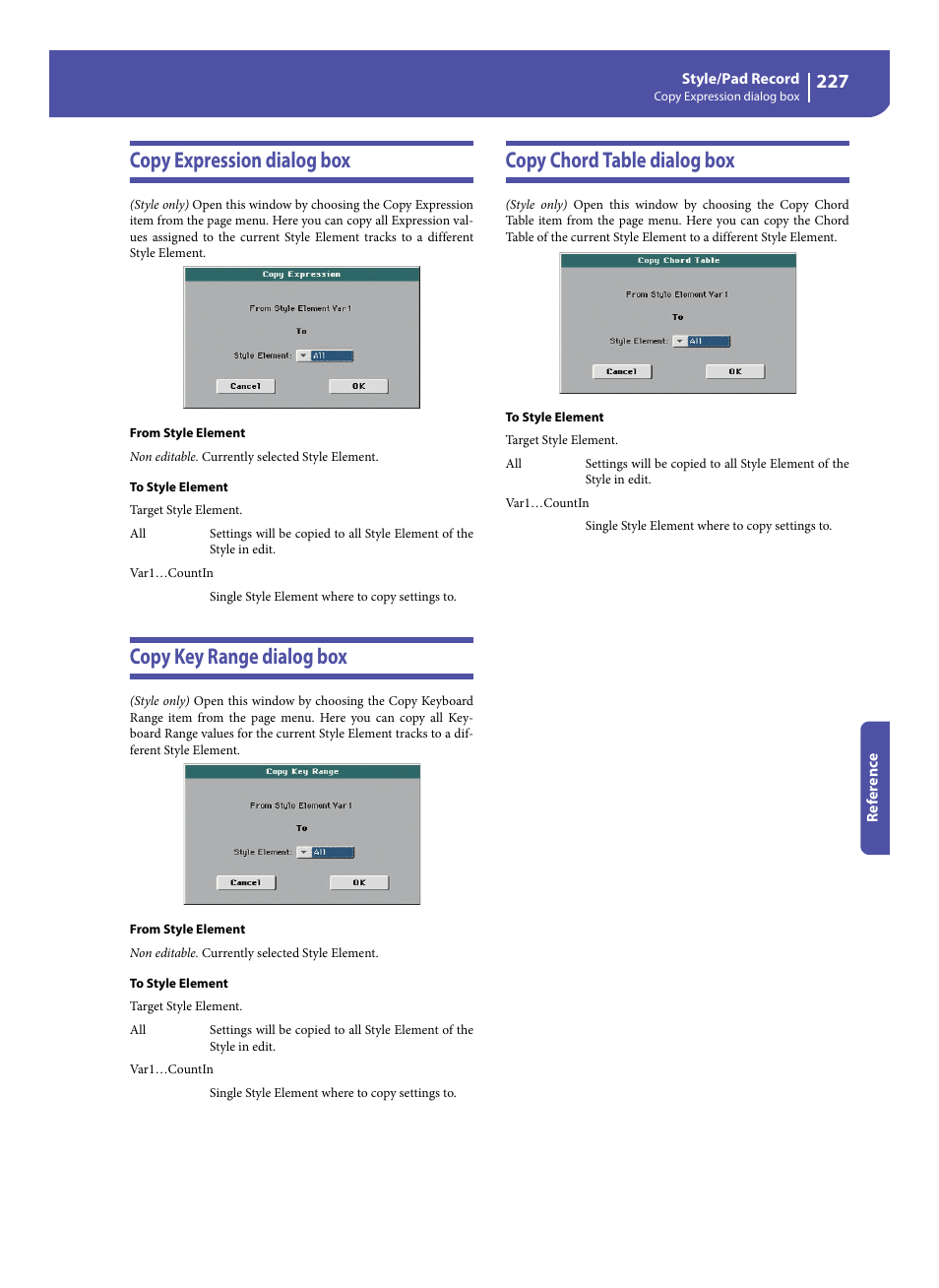 Copy expression dialog box, Copy key range dialog box, Copy chord table dialog box | Copy expres- sion dialog box” s | KORG Pa300 Arranger User Manual | Page 231 / 378