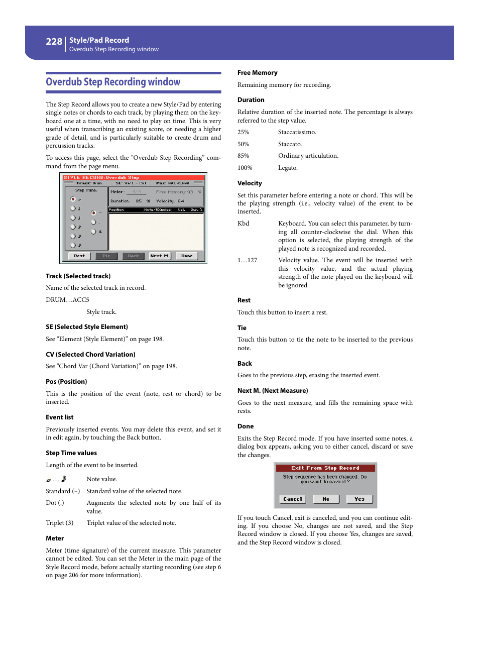 Overdub step recording window, E “step time values” a, E “duration” a | D “velocity” pa | KORG Pa300 Arranger User Manual | Page 232 / 378