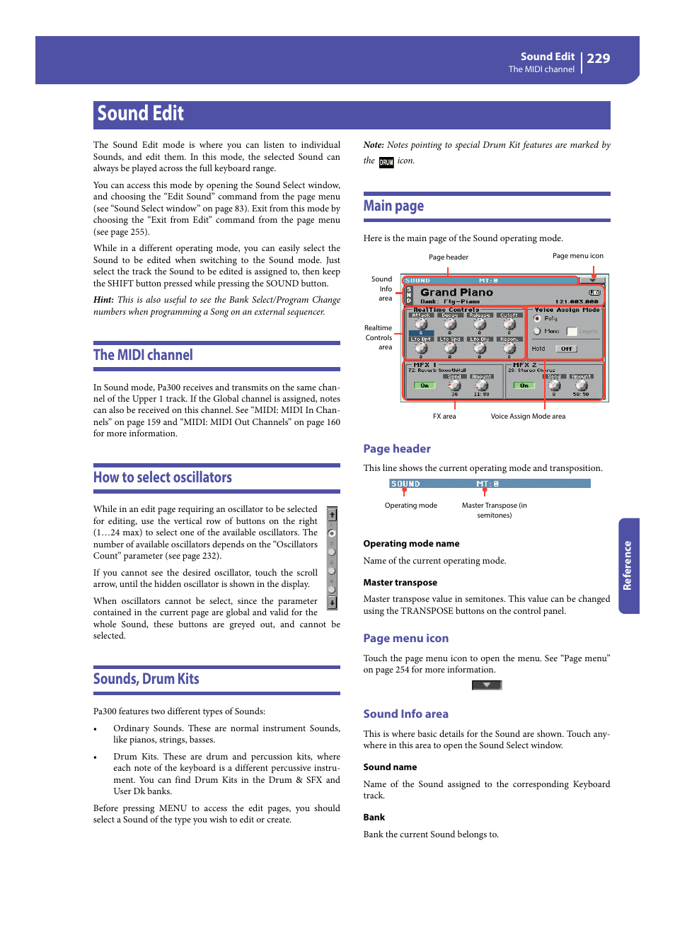 Sound edit, The midi channel, How to select oscillators | Sounds, drum kits, Sound info area, E “sound edit” cha, Main page | KORG Pa300 Arranger User Manual | Page 233 / 378