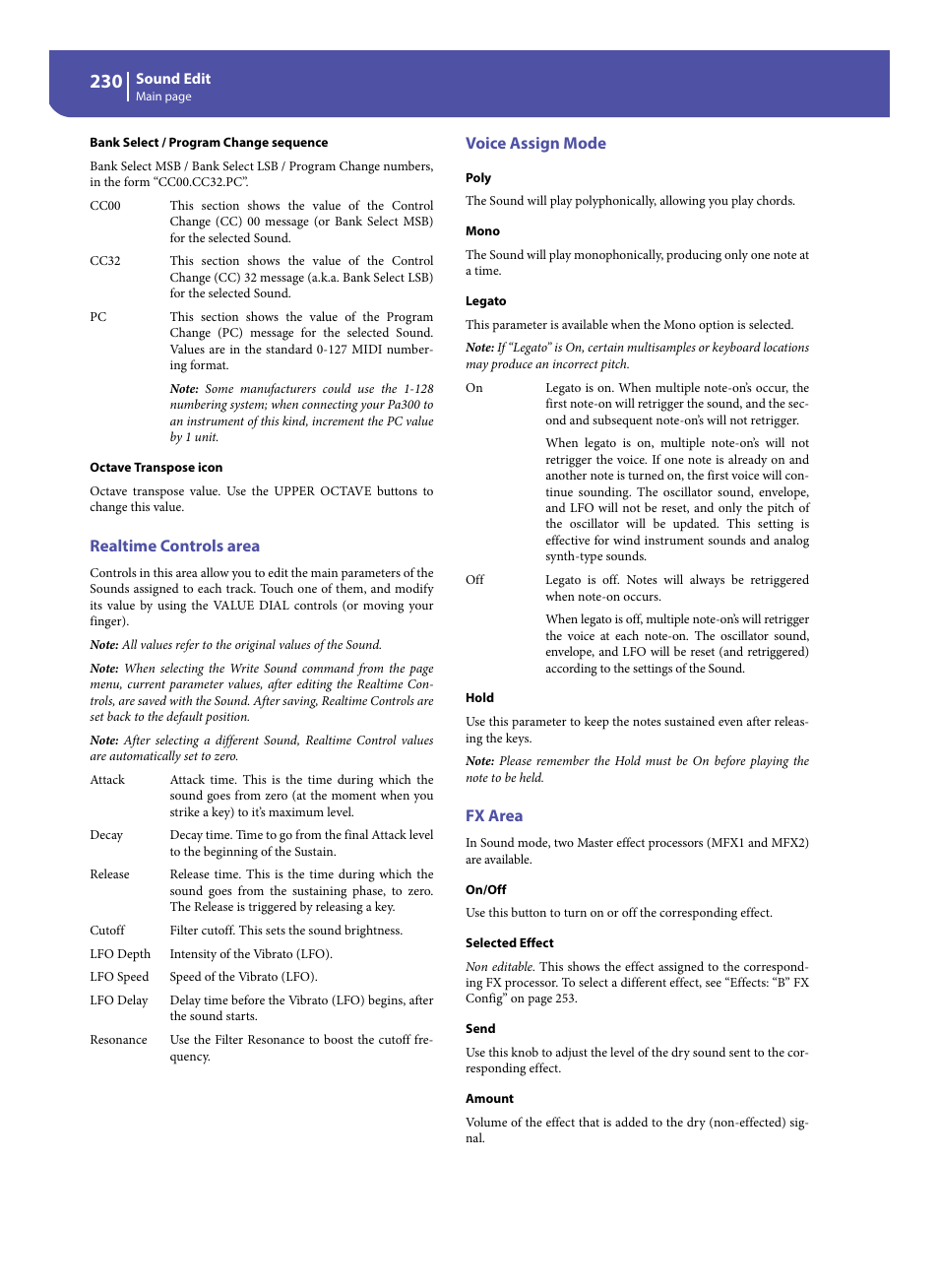 Realtime controls area, Voice assign mode, Fx area | KORG Pa300 Arranger User Manual | Page 234 / 378