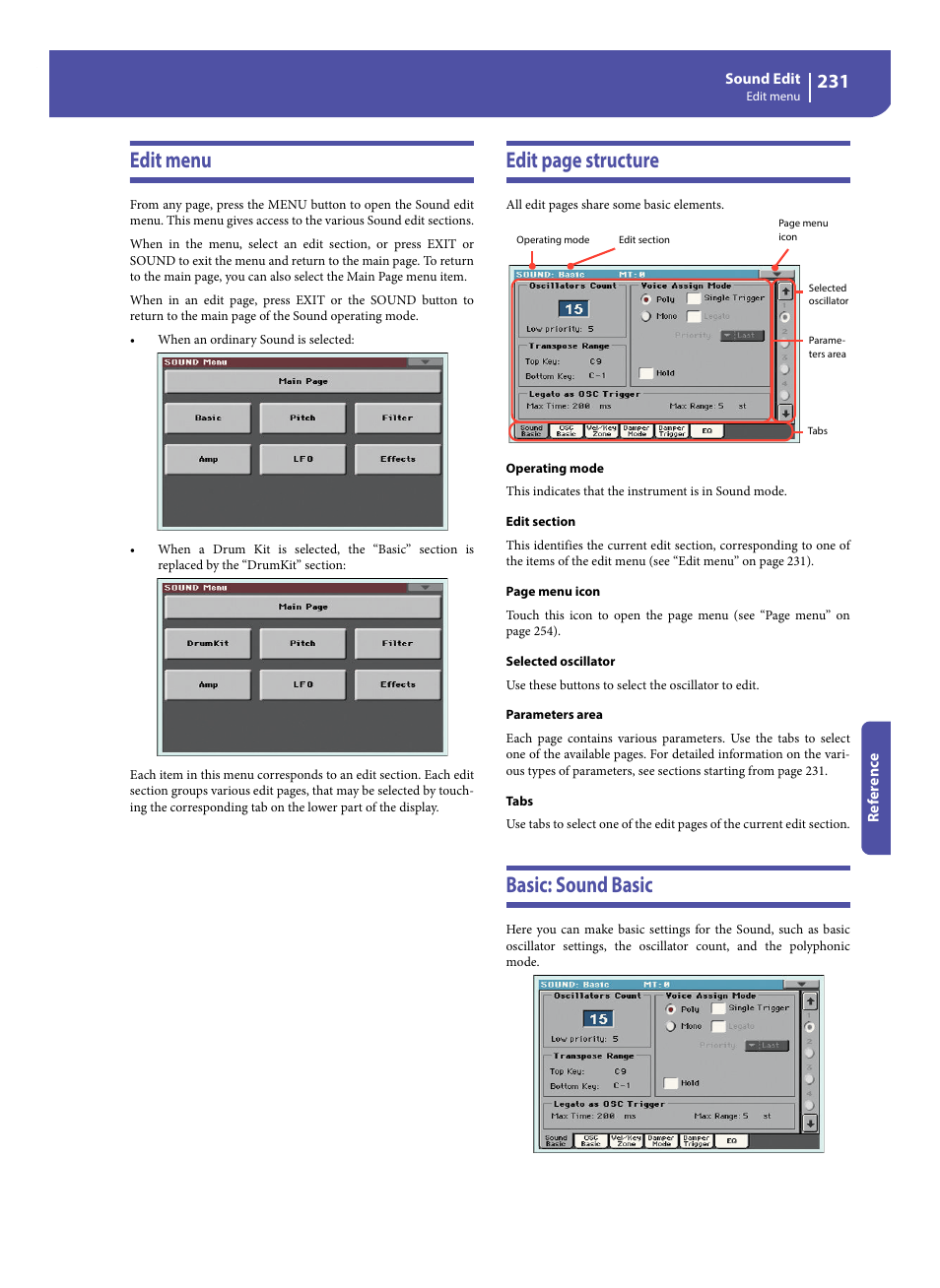 Edit menu, Basic: sound basic, Edit page structure | KORG Pa300 Arranger User Manual | Page 235 / 378
