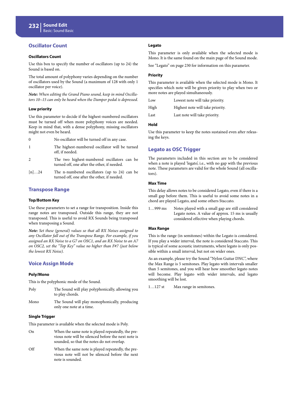 Oscillator count, Transpose range, Voice assign mode | Legato as osc trigger, Oscillators count” p | KORG Pa300 Arranger User Manual | Page 236 / 378