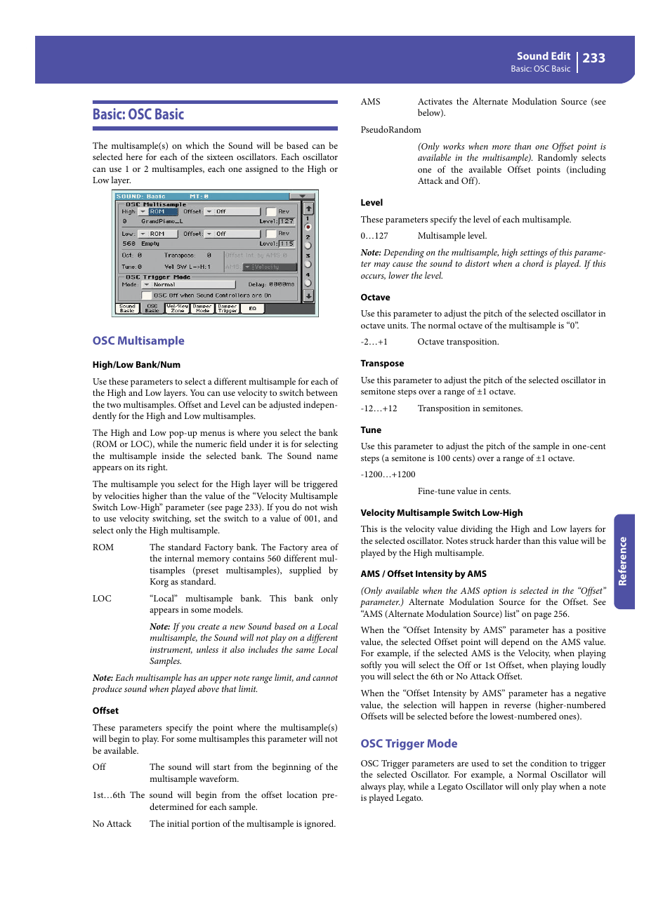 Basic: osc basic, Osc multisample, Osc trigger mode | KORG Pa300 Arranger User Manual | Page 237 / 378