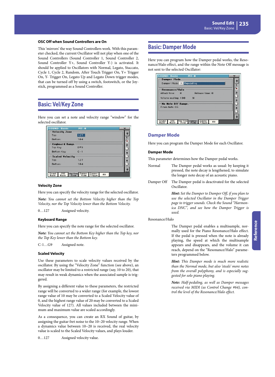 Basic: vel/key zone, Basic: damper mode, Damper mode | Basic: vel/key zone basic: damper mode | KORG Pa300 Arranger User Manual | Page 239 / 378