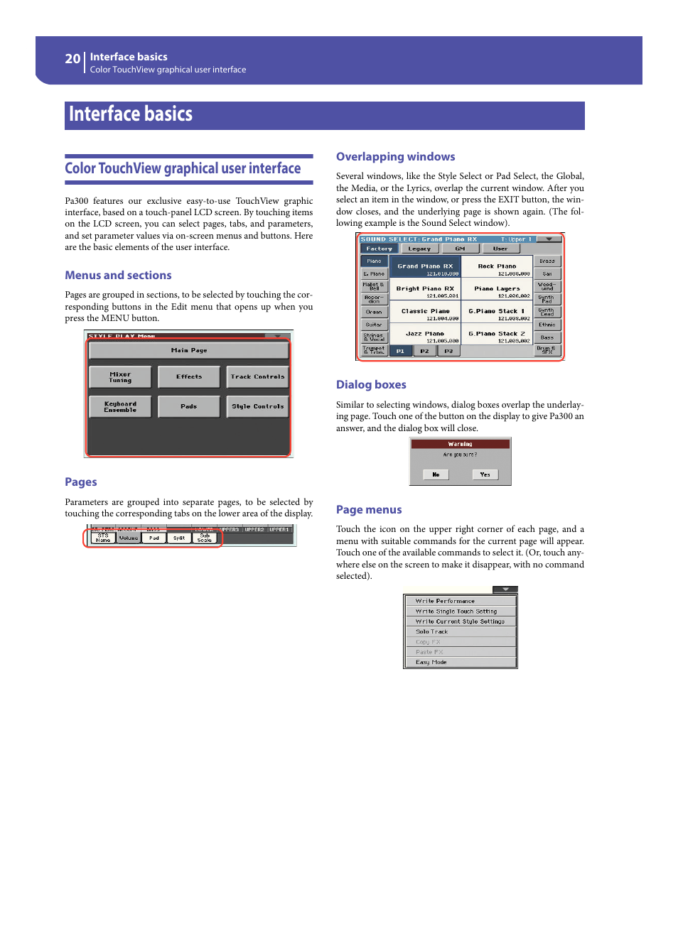 Interface basics, Color touchview graphical user interface, Menus and sections | Overlapping windows, Dialog boxes | KORG Pa300 Arranger User Manual | Page 24 / 378