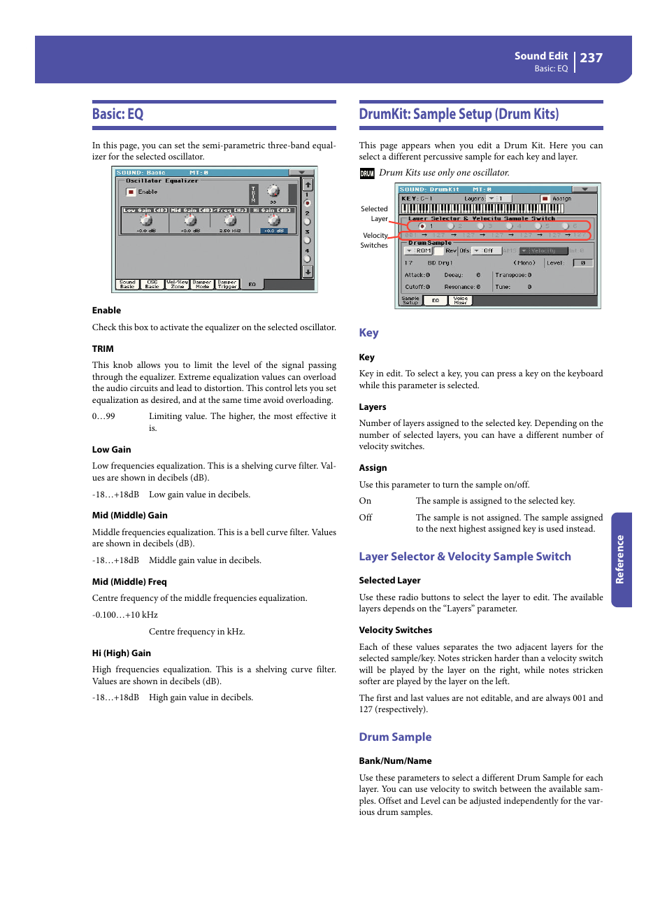 Basic: eq, Drumkit: sample setup (drum kits), Layer selector & velocity sample switch | Drum sample, Basic: eq drumkit: sample setup (drum kits) | KORG Pa300 Arranger User Manual | Page 241 / 378