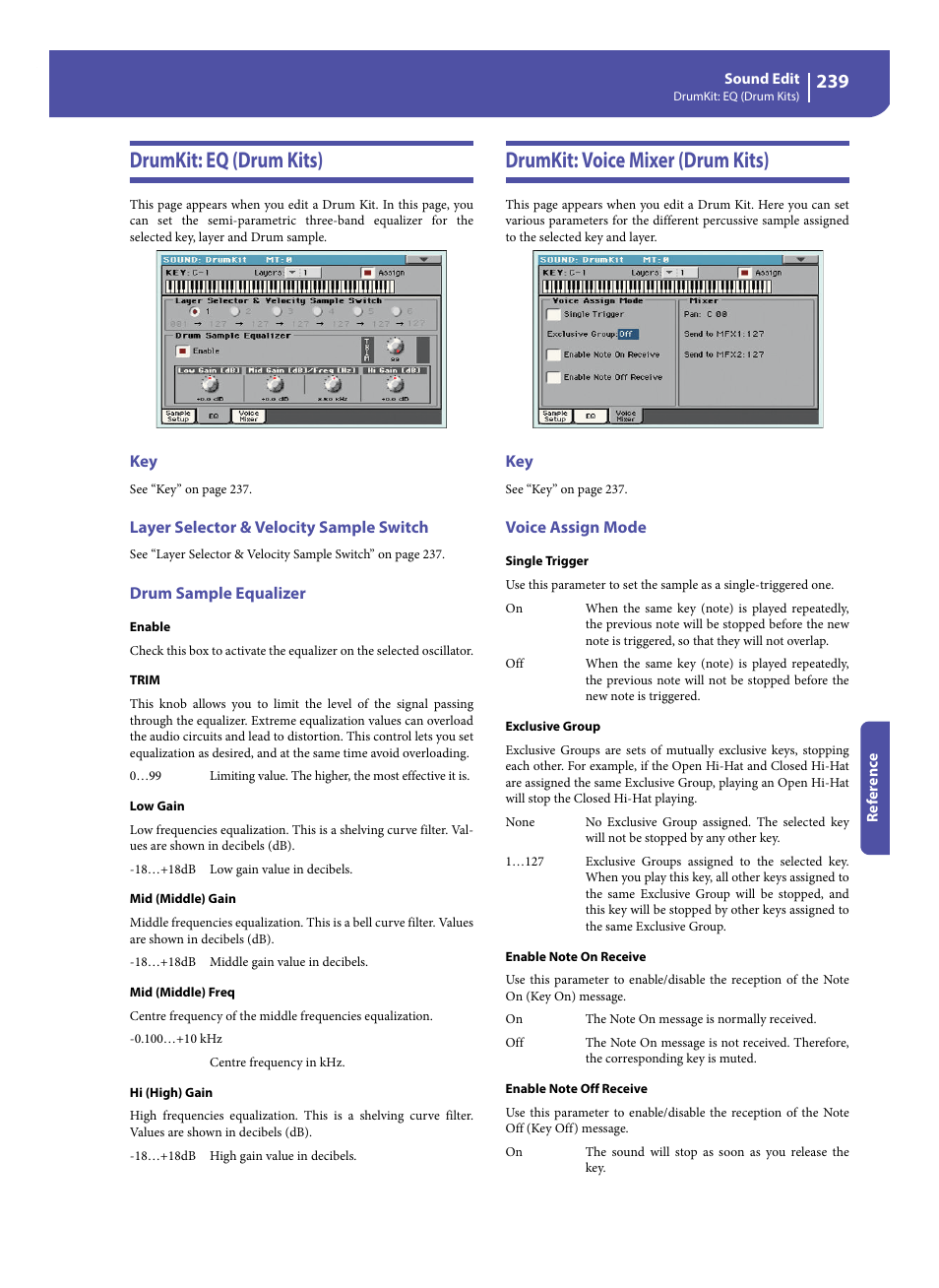 Drumkit: eq (drum kits), Layer selector & velocity sample switch, Drum sample equalizer | Drumkit: voice mixer (drum kits), Voice assign mode | KORG Pa300 Arranger User Manual | Page 243 / 378