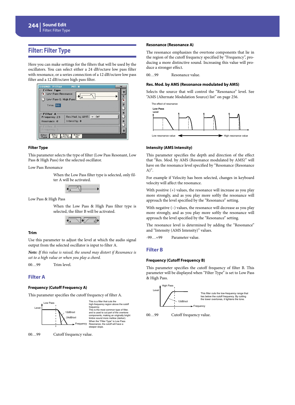 Filter: filter type, Filter a, Filter b | Sound edit | KORG Pa300 Arranger User Manual | Page 248 / 378