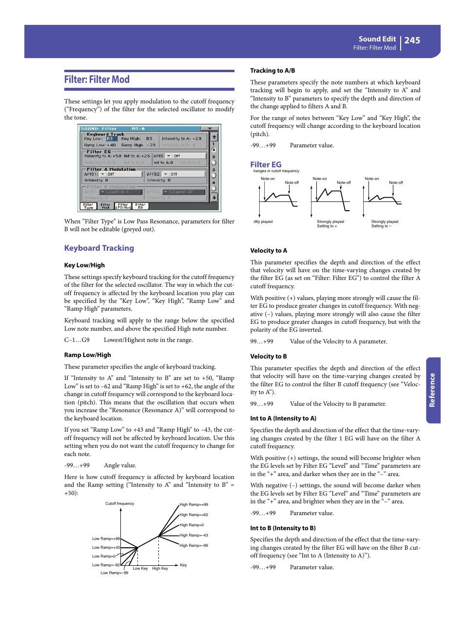 Filter: filter mod, Keyboard tracking, Filter eg | Sound edit, Re fe rence | KORG Pa300 Arranger User Manual | Page 249 / 378