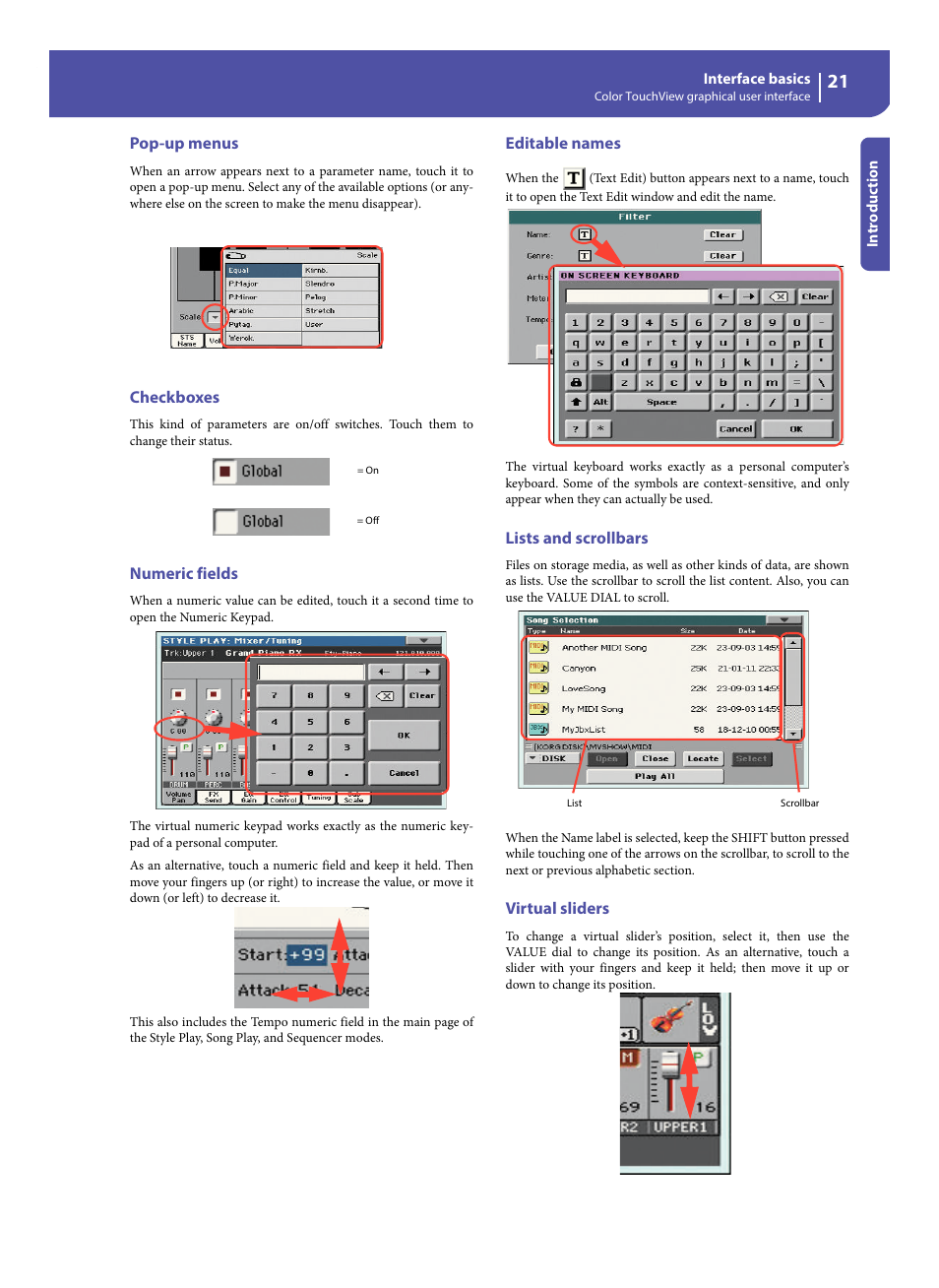 Pop-up menus, Checkboxes, Numeric fields | Editable names, Lists and scrollbars, Virtual sliders | KORG Pa300 Arranger User Manual | Page 25 / 378