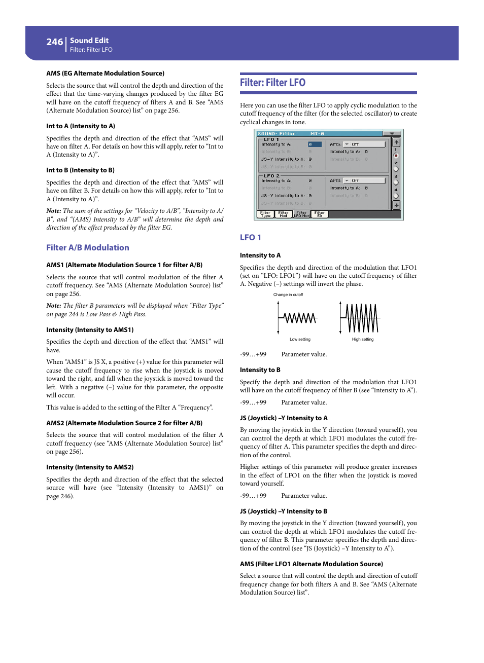 Filter a/b modulation, Filter: filter lfo, Lfo 1 | KORG Pa300 Arranger User Manual | Page 250 / 378