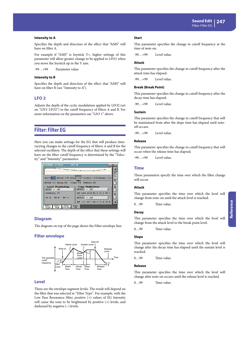 Lfo 2, Filter: filter eg, Diagram | Filter envelope, Level, Time, E “sustain” p, Filter: filter eg”), Filter envelope level | KORG Pa300 Arranger User Manual | Page 251 / 378