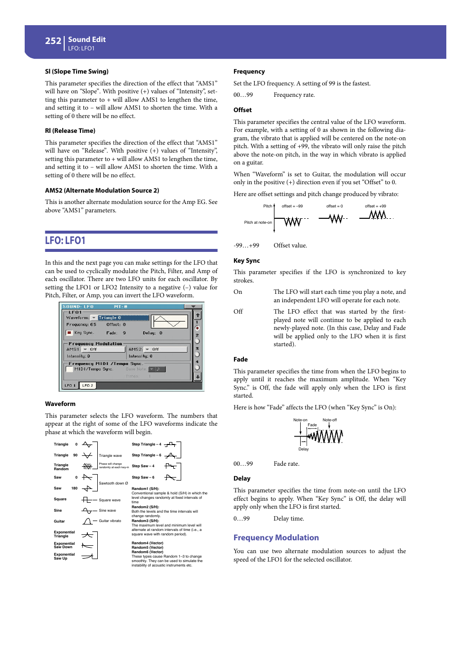 Lfo: lfo1, Frequency modulation, Lfo: lfo1”) | Sl (slope time swing), Rl (release time), Sound edit | KORG Pa300 Arranger User Manual | Page 256 / 378