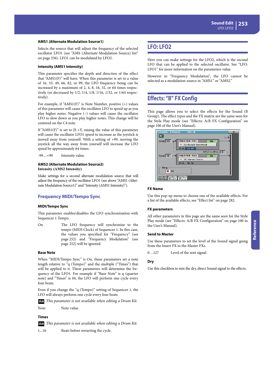 Frequency midi/tempo sync, Lfo: lfo2, Effects: “b” fx config | Lfo: lfo2 effects: “b” fx config, Lfo: lfo2”) t | KORG Pa300 Arranger User Manual | Page 257 / 378