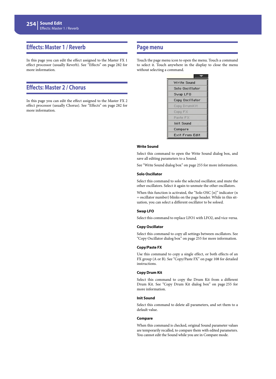 Effects: master 1 / reverb, Effects: master 2 / chorus, Page menu | KORG Pa300 Arranger User Manual | Page 258 / 378