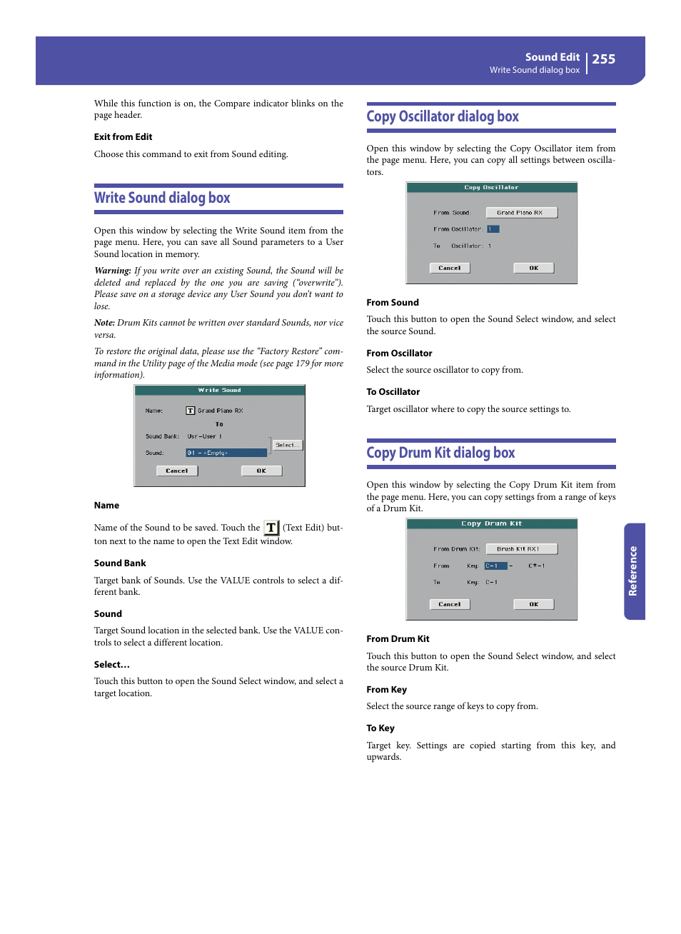 Write sound dialog box, Copy oscillator dialog box, Copy drum kit dialog box | Exit from edit | KORG Pa300 Arranger User Manual | Page 259 / 378