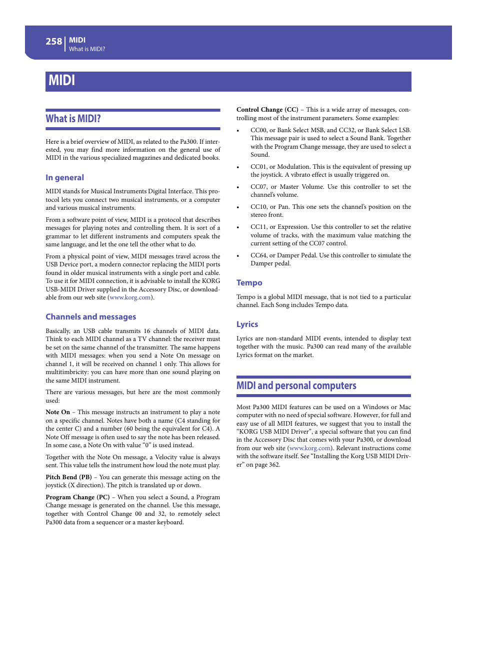 Midi, What is midi, In general | Channels and messages, Tempo, Lyrics, Midi and personal computers, What is midi? midi and personal computers | KORG Pa300 Arranger User Manual | Page 262 / 378