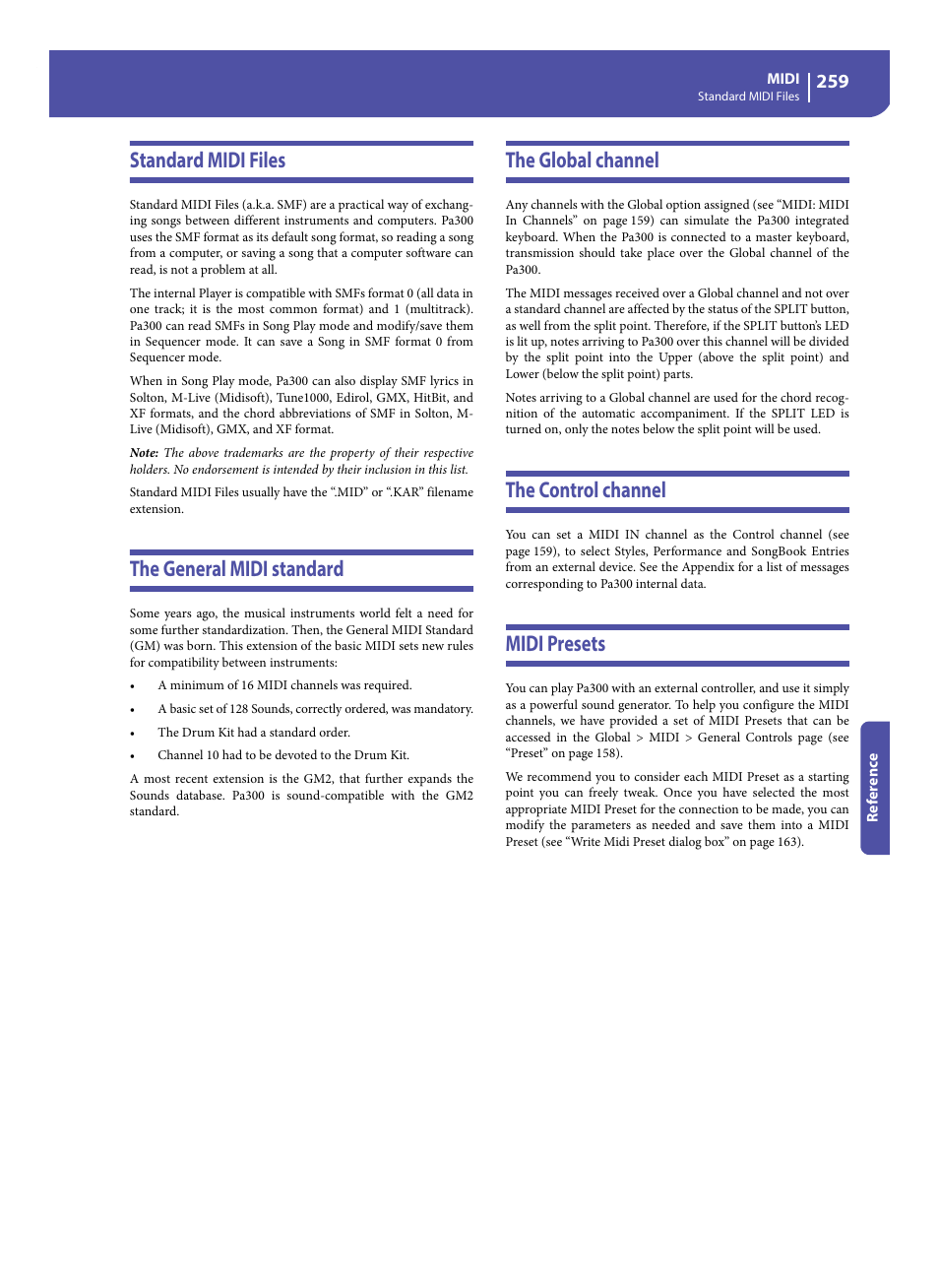 Standard midi files, The general midi standard, The global channel | The control channel, Midi presets | KORG Pa300 Arranger User Manual | Page 263 / 378