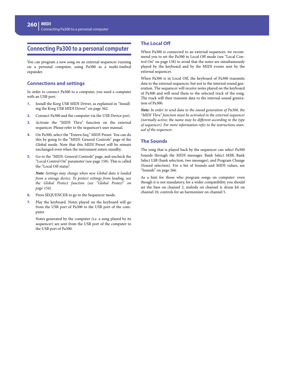 Connecting pa300 to a personal computer, Connections and settings, The local off | The sounds | KORG Pa300 Arranger User Manual | Page 264 / 378