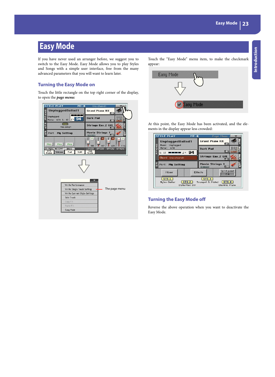 Easy mode, Turning the easy mode on, Turning the easy mode off | KORG Pa300 Arranger User Manual | Page 27 / 378