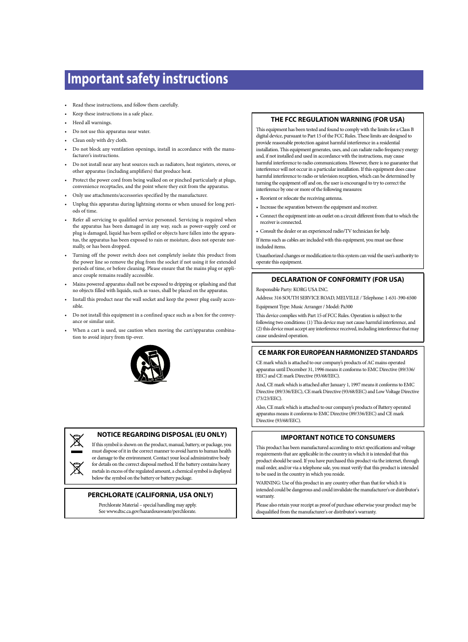 Important safety instructions | KORG Pa300 Arranger User Manual | Page 3 / 378