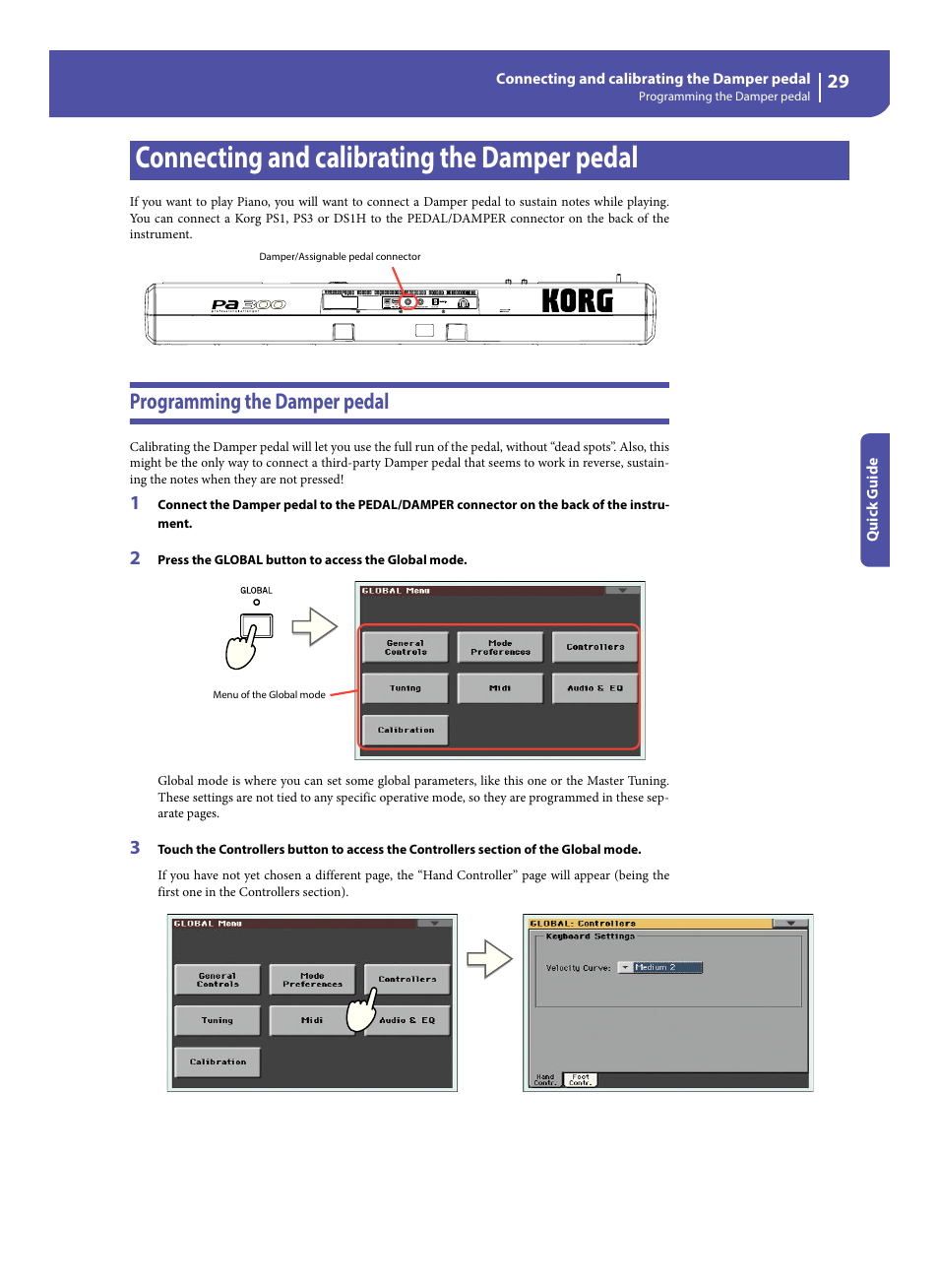 Connecting and calibrating the damper pedal, Programming the damper pedal | KORG Pa300 Arranger User Manual | Page 33 / 378
