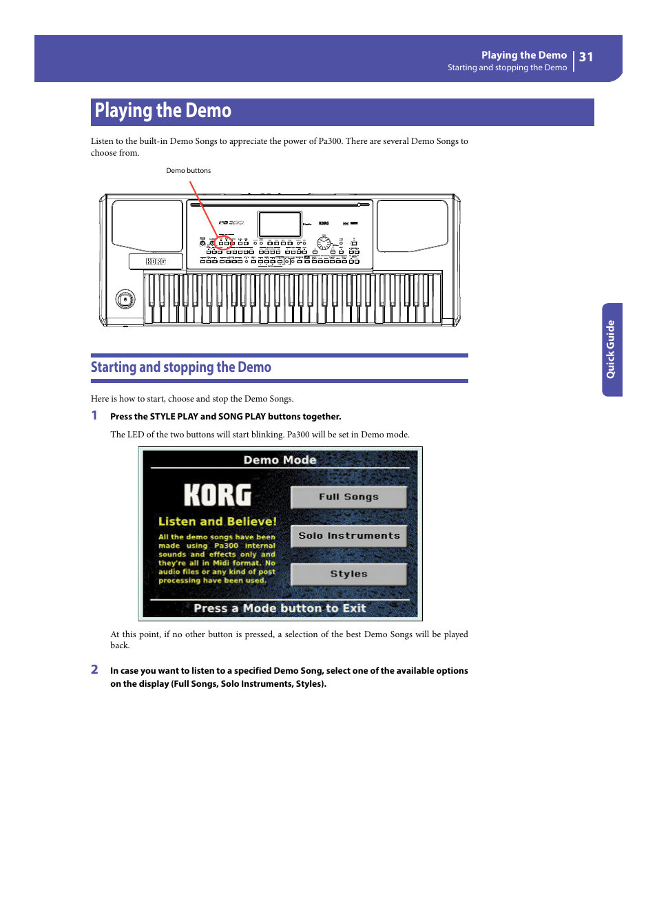 Playing the demo, Starting and stopping the demo | KORG Pa300 Arranger User Manual | Page 35 / 378