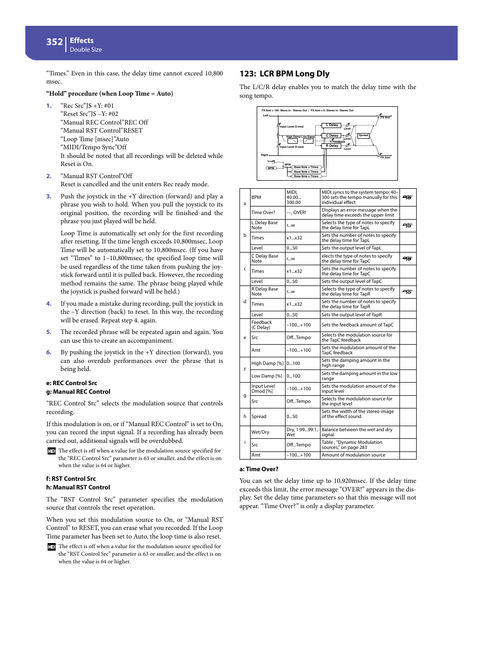 Lcr bpm long dly, Effects | KORG Pa300 Arranger User Manual | Page 356 / 378