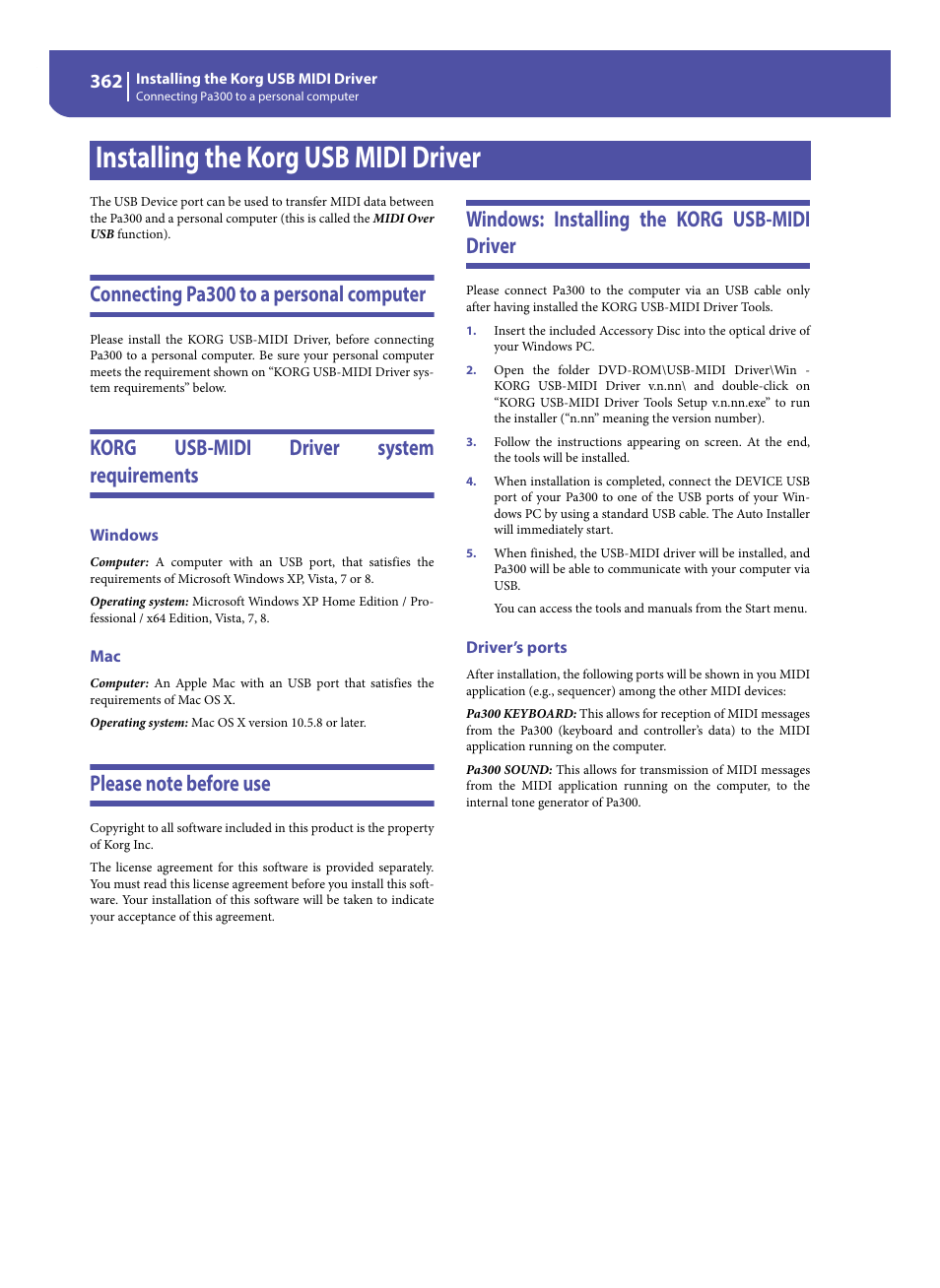 Installing the korg usb midi driver, Connecting pa300 to a personal computer, Korg usb-midi driver system requirements | Windows, Please note before use, Windows: installing the korg usb-midi driver, Driver’s ports | KORG Pa300 Arranger User Manual | Page 366 / 378