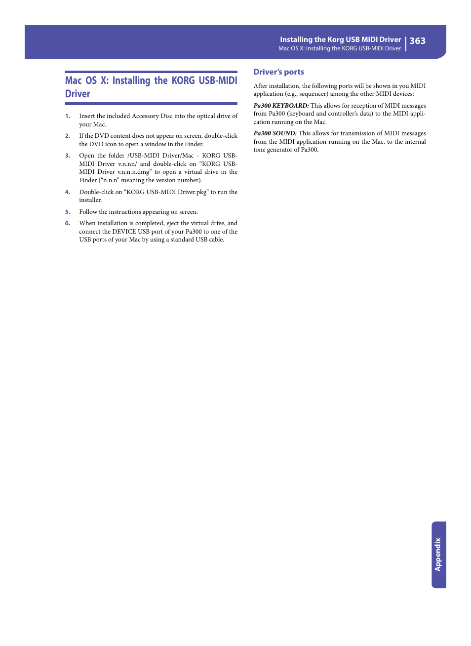 Mac os x: installing the korg usb-midi driver, Driver’s ports | KORG Pa300 Arranger User Manual | Page 367 / 378