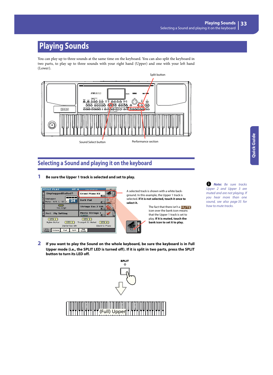 Playing sounds, Selecting a sound and playing it on the keyboard | KORG Pa300 Arranger User Manual | Page 37 / 378