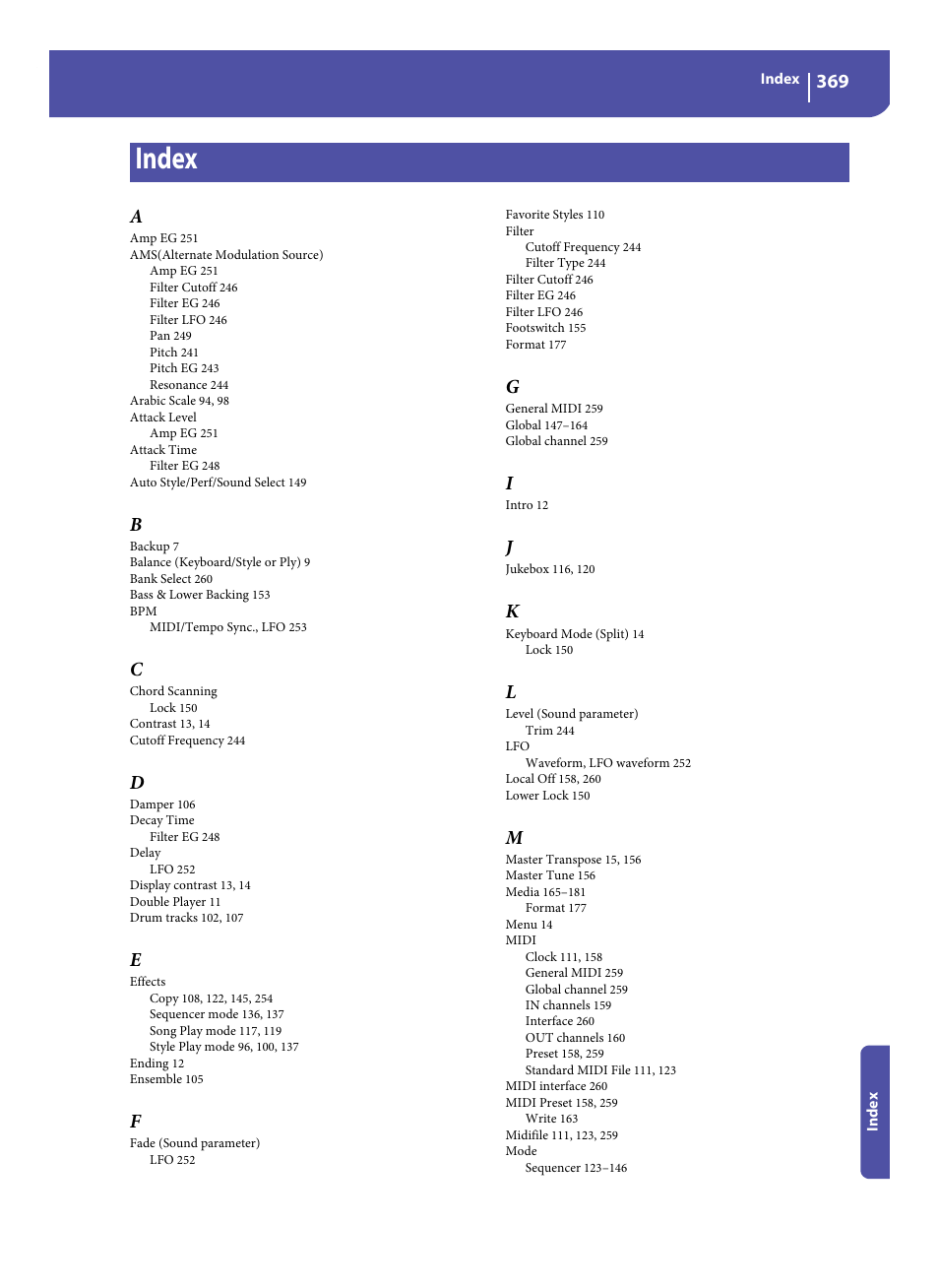 Index | KORG Pa300 Arranger User Manual | Page 373 / 378