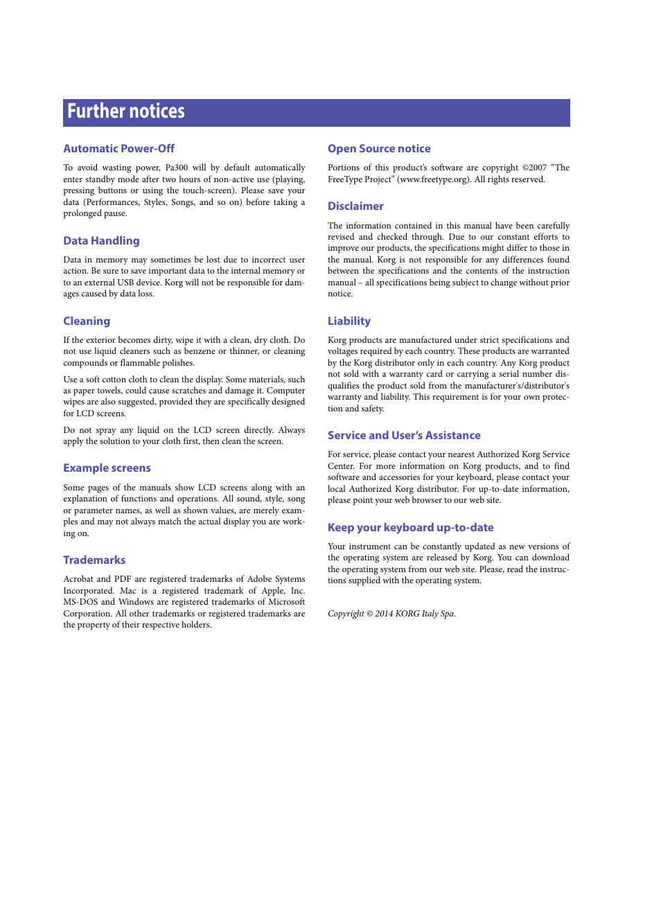 Further notices, Automatic power-off, Data handling | Cleaning, Example screens, Trademarks, Open source notice, Disclaimer, Liability, Service and user’s assistance | KORG Pa300 Arranger User Manual | Page 4 / 378