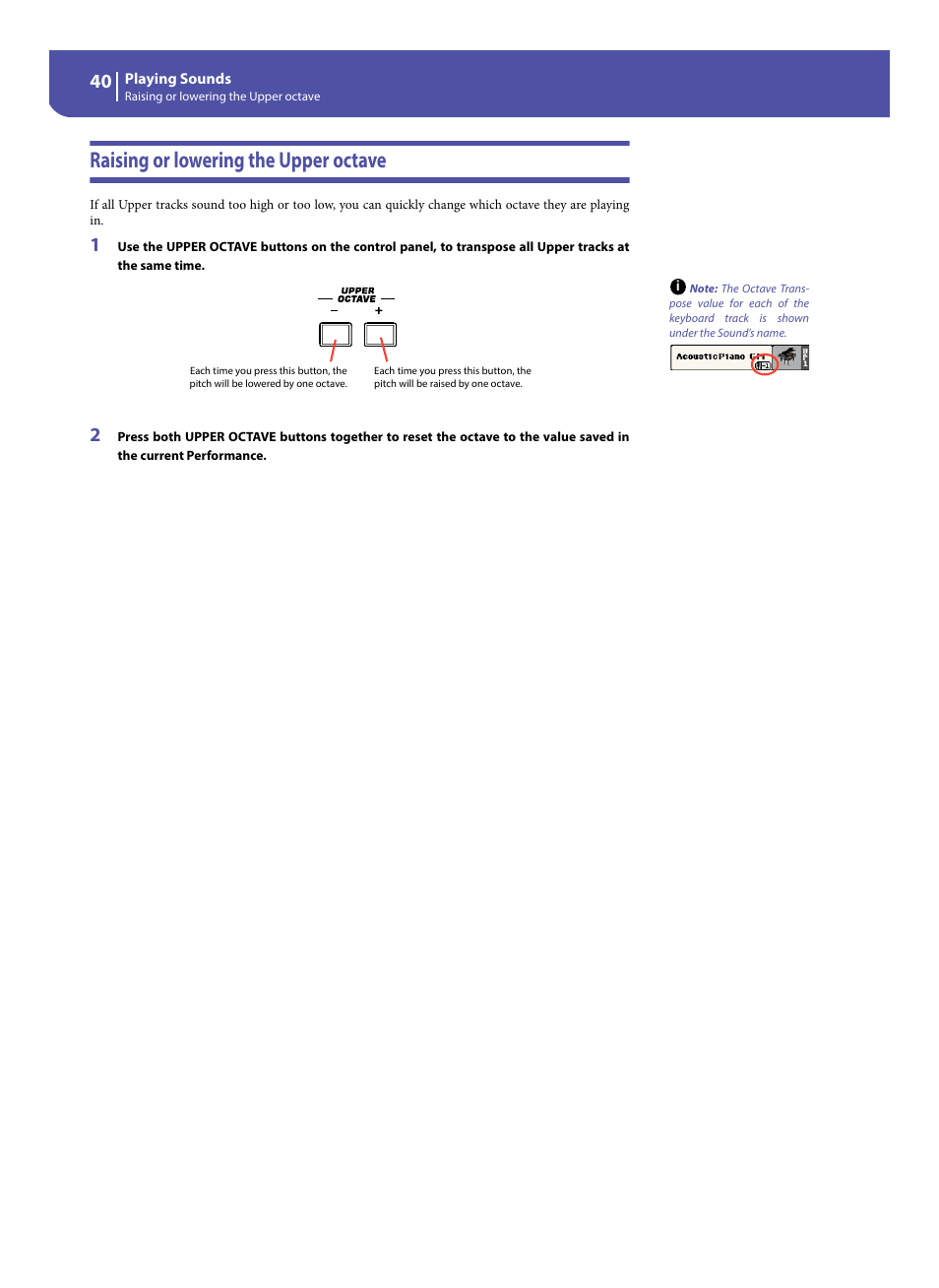 Raising or lowering the upper octave | KORG Pa300 Arranger User Manual | Page 44 / 378