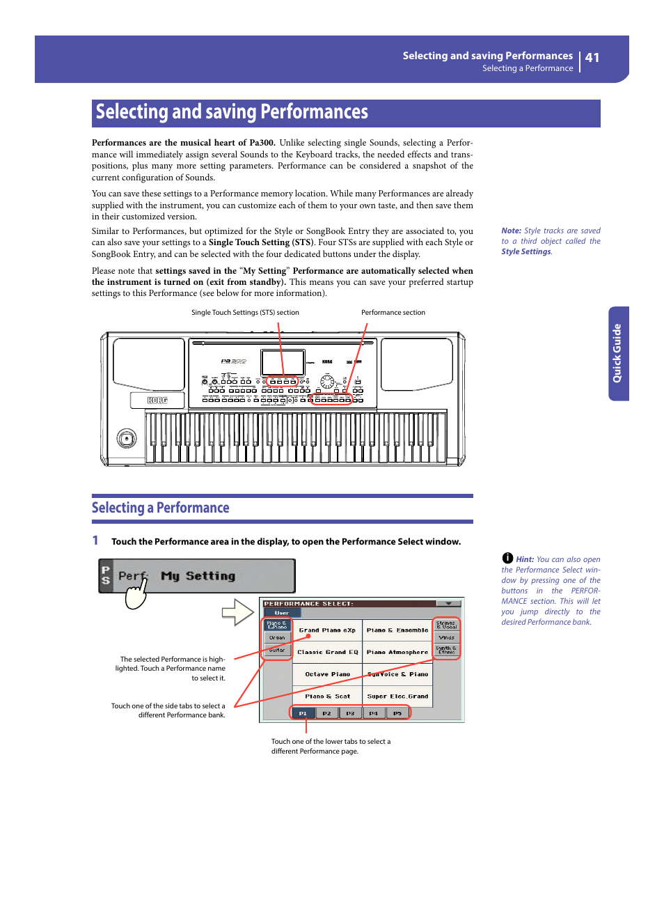 Selecting and saving performances, Selecting a performance | KORG Pa300 Arranger User Manual | Page 45 / 378