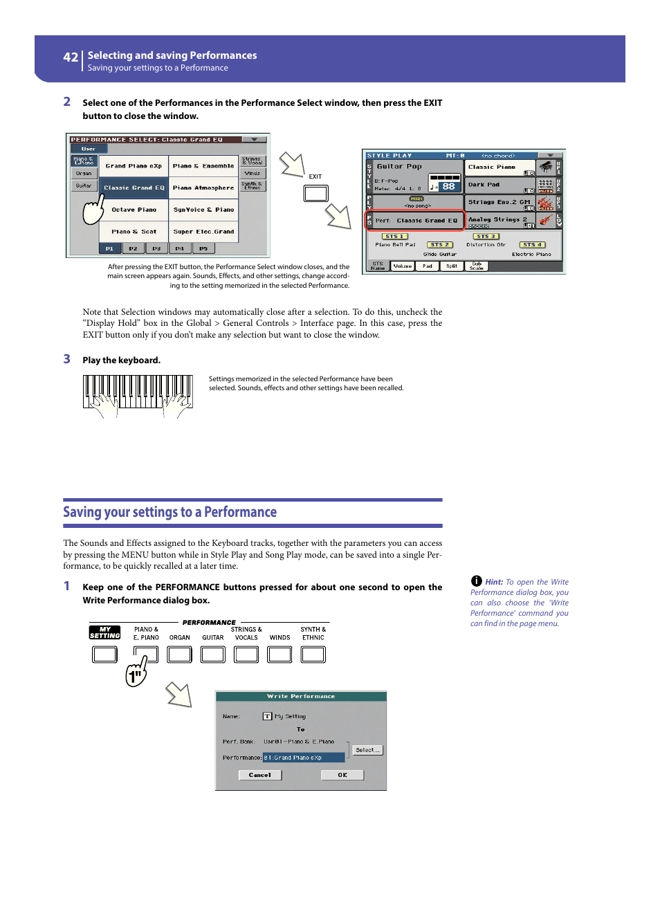 Saving your settings to a performance | KORG Pa300 Arranger User Manual | Page 46 / 378
