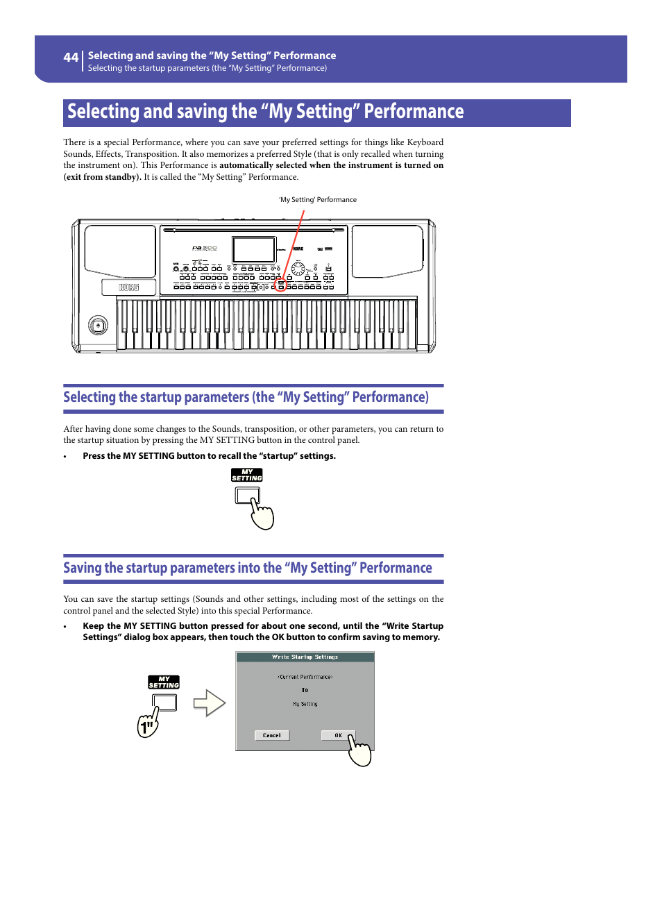 Selecting and saving the “my setting” performance, Selecting the startup parameters (the “my setting, Performance) | Saving the startup parameters into the “my setting, Performance | KORG Pa300 Arranger User Manual | Page 48 / 378